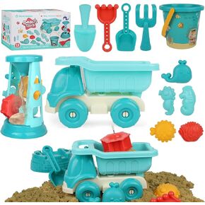 Beach Toys,12 Pcs Sand Toys Set with Truck,Beach Bucket,Sand Castle Toys Kit,Sandcastle Building Kit,Travel Toys for Kids Toddlers Boys Girls,Sandbox Toys for Toddlers 3-12