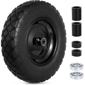 16" Flat Free Wheelbarrow Wheels, 4.80/4.00-8" Tire and Wheel with 5/8"&3/4" Bearings, 16 inch Universal Fit Wheelbarrow Tires for Wheelbarrows/Garden Trailer -1 Pack