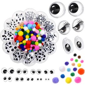 TOAOB 600pcs Wiggle Googly Eyes Self Adhesive for Craft Sticker Eyes 4mm to 12mm Assorted Sizes and Colors Round Plastic Crafts Eyes with Pom Poms for DIY Arts Crafts Scrapbooking