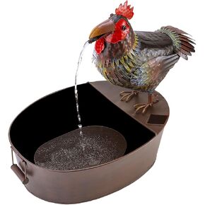 Alpine Corporation NCY296 Outdoor Tabletop Metal Rooster Water Fountain, Vintage Metal Rooster Garden Fountain 20", Brown