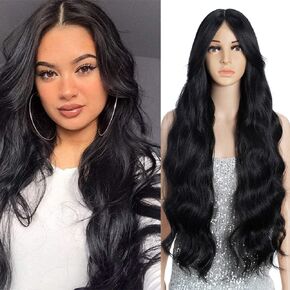 FASHION IDOL Big Wavy Lace Front Wig with Curtain Bangs 36 Inches Long Dazzling Heat Resisatnt Synthetic Hair Body Wavy Wig Middle Part
