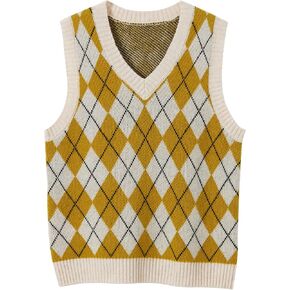 Women's 100% Merino Wool Sweater Vest 2024 Fall Winter Diamond Lattice V Neck Sleeveless Knit Sweater Vest