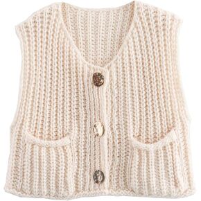 HOULENGS Women's Winter Chunky Sweater Vest 2024 Button Down Sleeveless Knit Top Fashion Cardigan Vest with Pockets