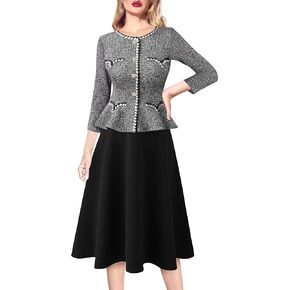 VFSHOW Womens 2024 Fall Work Business Dresses Buttons Peplum Office Slimming Crew Neck Patchwork A-Line Fit and Flare Dress