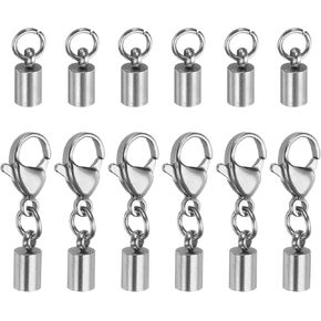 HARFINGTON 6pcs Cord End Cap 1.5mm ID Lobster Claw Clasp End Caps Stainless Steel for DIY Bracelets Necklaces, Silver Tone