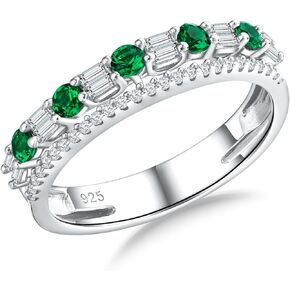 DAYBYDAY 925 Sterling Silver Double Band Ring, Ruby/Emerald/Sapphire Wedding Band, 5A Cubic Zirconia CZ Half Eternity Bands Stackable Anniversary Rings for Women Size 6-10