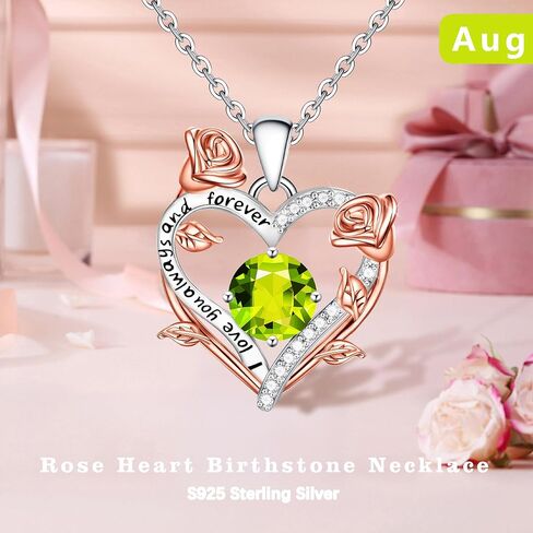 BAYLAY Rose Heart Birthstone Necklace for Women - S925 Sterling Silver Heart Birthstone Necklace Birthday Gifts for Women Valentines Day Christmas Jewelry Gifts for Wife Mom Grandma Daughter in Saudi Arabia