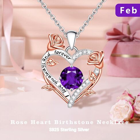 BAYLAY Rose Heart Birthstone Necklace for Women - S925 Sterling Silver Heart Birthstone Necklace Birthday Gifts for Women Valentines Day Christmas Jewelry Gifts for Wife Mom Grandma Daughter in Saudi Arabia