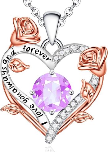 BAYLAY Rose Heart Birthstone Necklace for Women - S925 Sterling Silver Heart Birthstone Necklace Birthday Gifts for Women Valentines Day Christmas Jewelry Gifts for Wife Mom Grandma Daughter in Saudi Arabia