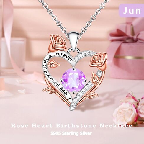 BAYLAY Rose Heart Birthstone Necklace for Women - S925 Sterling Silver Heart Birthstone Necklace Birthday Gifts for Women Valentines Day Christmas Jewelry Gifts for Wife Mom Grandma Daughter in Saudi Arabia