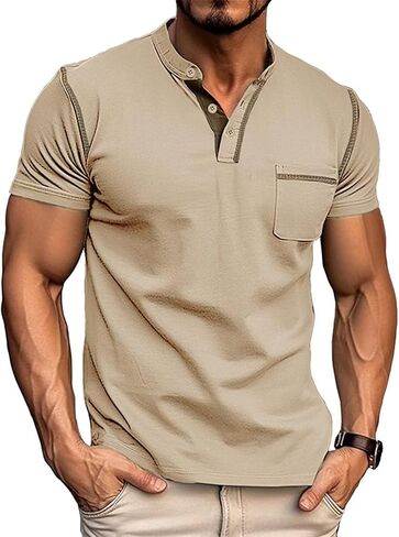 Men's Henley Shirt Lightweight Short Sleeve T-Shirt Casual Stylish Button Cotton Shirt in Saudi Arabia