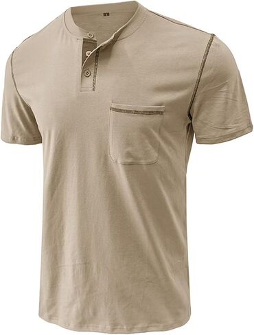 Men's Henley Shirt Lightweight Short Sleeve T-Shirt Casual Stylish Button Cotton Shirt in Saudi Arabia