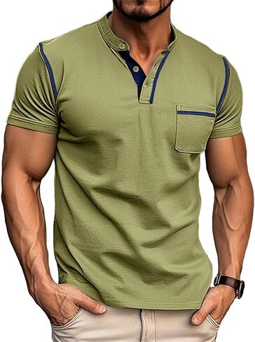 Men's Henley Shirt Lightweight Short Sleeve T-Shirt Casual Stylish Button Cotton Shirt in Saudi Arabia