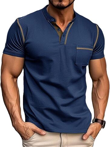 Men's Henley Shirt Lightweight Short Sleeve T-Shirt Casual Stylish Button Cotton Shirt in Saudi Arabia