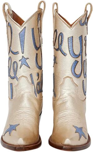 HOCHFART Women's Cowboy Boots Mid Calf Pointed Toe Low Chunky Heel Embroidery Metallic Pull On Western Festival Concert Fashion Cowgirl Boots in Saudi Arabia