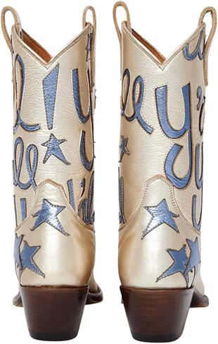 HOCHFART Women's Cowboy Boots Mid Calf Pointed Toe Low Chunky Heel Embroidery Metallic Pull On Western Festival Concert Fashion Cowgirl Boots in Saudi Arabia