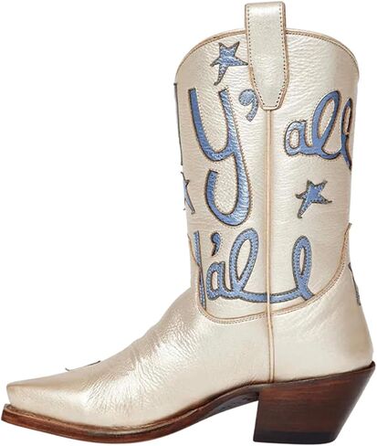 HOCHFART Women's Cowboy Boots Mid Calf Pointed Toe Low Chunky Heel Embroidery Metallic Pull On Western Festival Concert Fashion Cowgirl Boots in Saudi Arabia