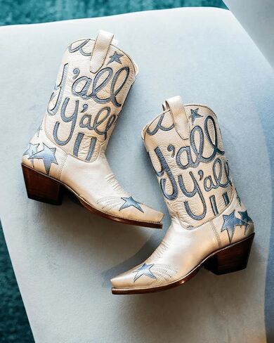 HOCHFART Women's Cowboy Boots Mid Calf Pointed Toe Low Chunky Heel Embroidery Metallic Pull On Western Festival Concert Fashion Cowgirl Boots in Saudi Arabia