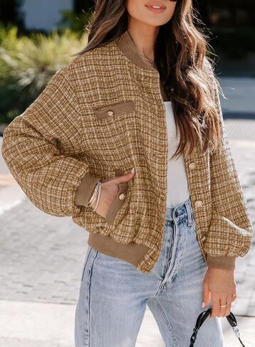 EVALESS Fashion Jacket for Women 2024 Fall Winter Trendy Button Short Shacket Long Sleeve Plaid Cropped Jackets in Saudi Arabia
