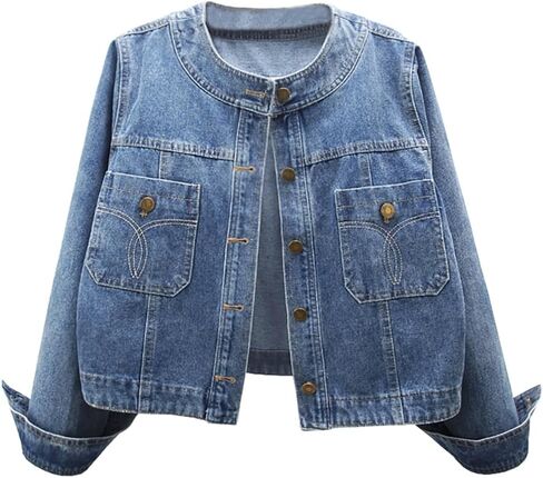 Women’s Collarless Long Sleeve Denim Jacket Round Neck Button Down Jean Jackets in Kuwait