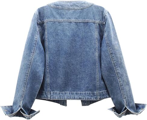 Women’s Collarless Long Sleeve Denim Jacket Round Neck Button Down Jean Jackets in Kuwait