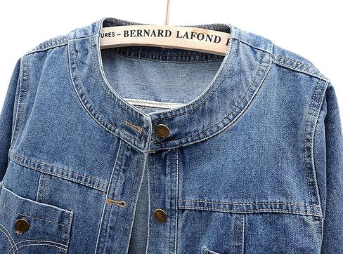 Women’s Collarless Long Sleeve Denim Jacket Round Neck Button Down Jean Jackets in Kuwait