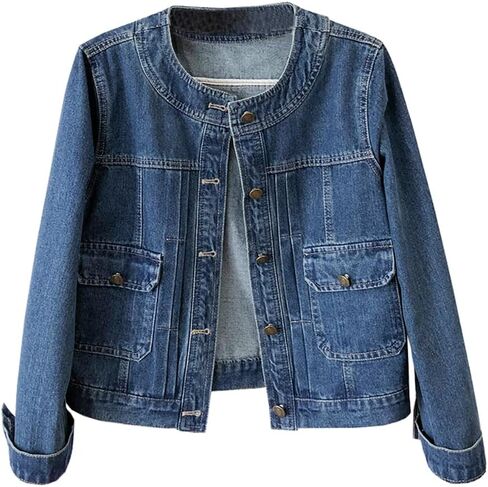 Women’s Collarless Long Sleeve Denim Jacket Round Neck Button Down Jean Jackets in Kuwait