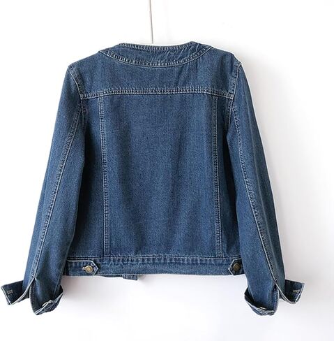 Women’s Collarless Long Sleeve Denim Jacket Round Neck Button Down Jean Jackets in Kuwait