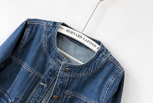 Women’s Collarless Long Sleeve Denim Jacket Round Neck Button Down Jean Jackets in Kuwait