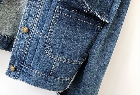 Women’s Collarless Long Sleeve Denim Jacket Round Neck Button Down Jean Jackets in Kuwait