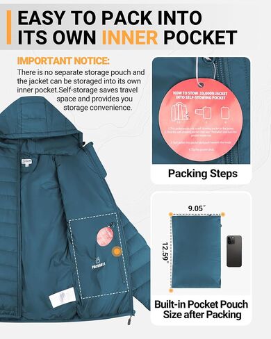 33,000ft Women's Hooded Packable Puffer Jacket Lightweight Warm Puffy Quilted Winter Coat in Kuwait