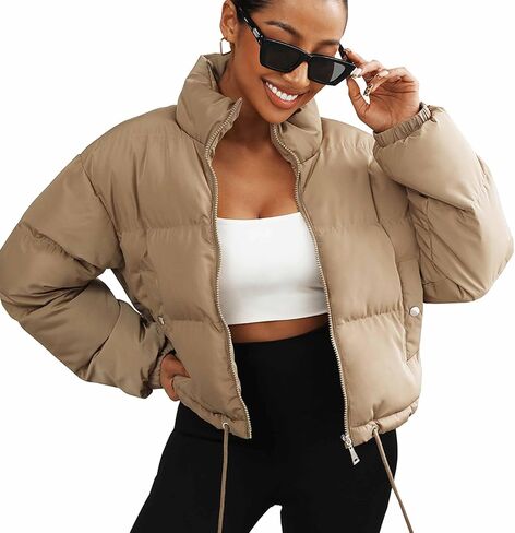 Puffer Jacket Womens Cropped Zip Up Padding Warm Quilted Jackets Winter Coats in Saudi Arabia