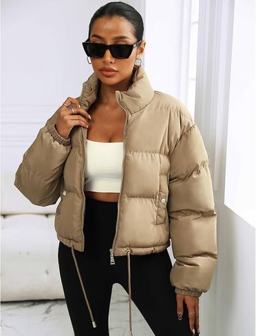 Puffer Jacket Womens Cropped Zip Up Padding Warm Quilted Jackets Winter Coats in Saudi Arabia