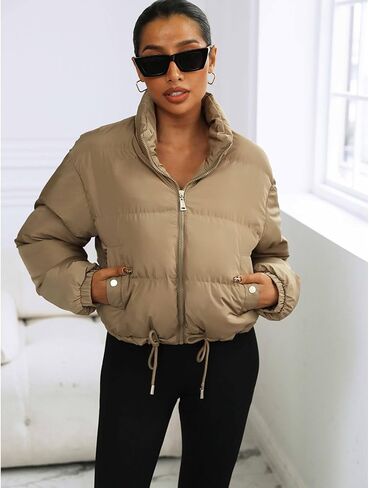 Puffer Jacket Womens Cropped Zip Up Padding Warm Quilted Jackets Winter Coats in Saudi Arabia