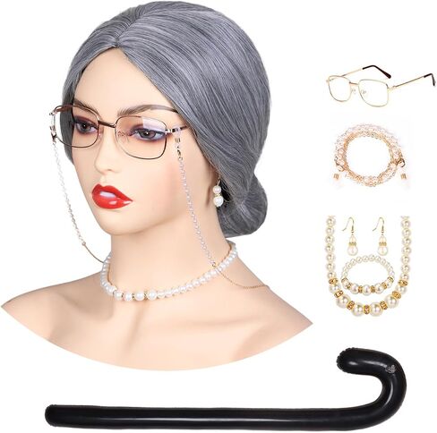 FantaLook Short Curly Gray Old Lady Cosplay Wig with Glasses EyeGlasses Chain Earrings Necklace Bracelet and Inflatable Crutch for Women Grandma Costume for 100 Days of School in Kuwait