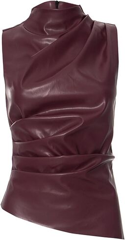 BAIMORE Women's Street Solid Mock Neck Sleeveless PU Leather Pleated Slim Fit Tank Top in Saudi Arabia