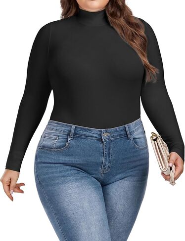 COOTRY Women's Plus Size Mock Turtle Neck Bodysuit Long Sleeve Basic Tops in Kuwait