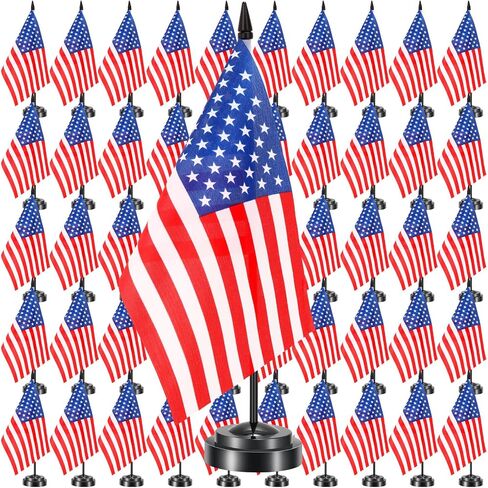50 Pcs American Desk Flag Set Small USA Flags for Table with 13" Black Pole, Black Base and Spear Top, American Flag for Home Office Party Festival Celebrations Decor in Saudi Arabia