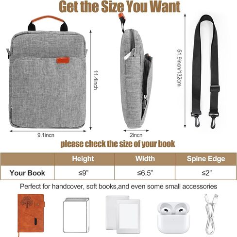 حافظة كتب رمادية مع سحاب وحزام كتف، حقيبة كتب بمقبض مقاس 11 × 9 حقيبة حمل كتب وحقيبة حماية للكتاب وغطاء متعدد الجيوب بغلاف مقوى وقلم دفتر الملاحظات هدية لمحبي الكتب in Kuwait