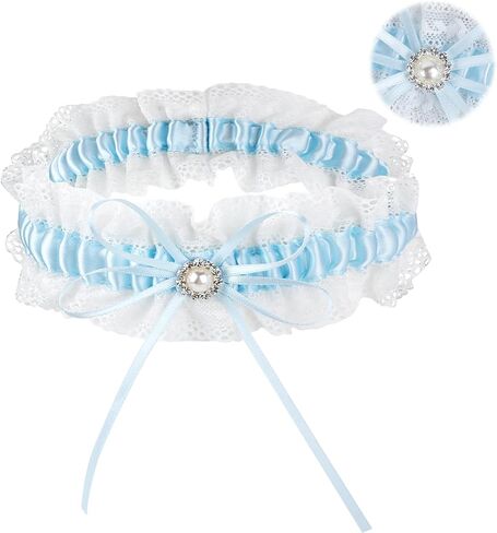 Blue Lace Garter Belt for Bride Stretch Bridal Garter Elastic Leg Garter Belt Prom Thigh Garter Plus Size Wedding Garter Gift with Pearl Satin Bow for Women Girls Brides in Saudi Arabia