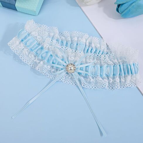 Blue Lace Garter Belt for Bride Stretch Bridal Garter Elastic Leg Garter Belt Prom Thigh Garter Plus Size Wedding Garter Gift with Pearl Satin Bow for Women Girls Brides in Saudi Arabia