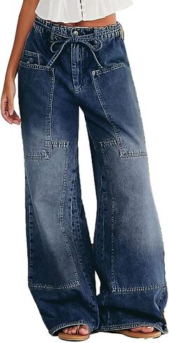 Flamingals Wide Leg Jeans for Women Drawsting Mid Waist Baggy Jeans Belted Wash Stitch Detai Trouser Jeans in Saudi Arabia