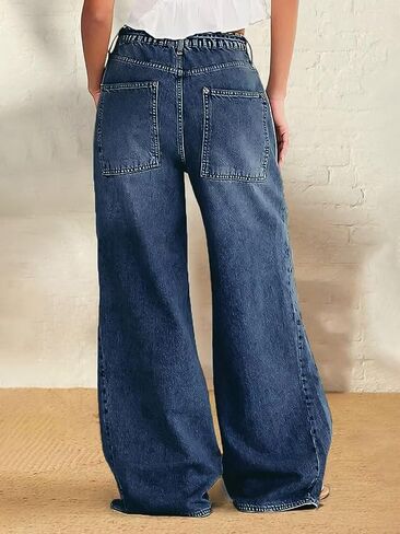 Flamingals Wide Leg Jeans for Women Drawsting Mid Waist Baggy Jeans Belted Wash Stitch Detai Trouser Jeans in Saudi Arabia