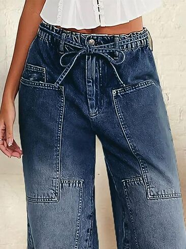 Flamingals Wide Leg Jeans for Women Drawsting Mid Waist Baggy Jeans Belted Wash Stitch Detai Trouser Jeans in Saudi Arabia