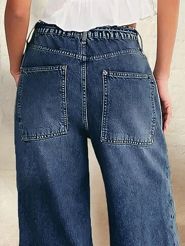 Flamingals Wide Leg Jeans for Women Drawsting Mid Waist Baggy Jeans Belted Wash Stitch Detai Trouser Jeans in Saudi Arabia