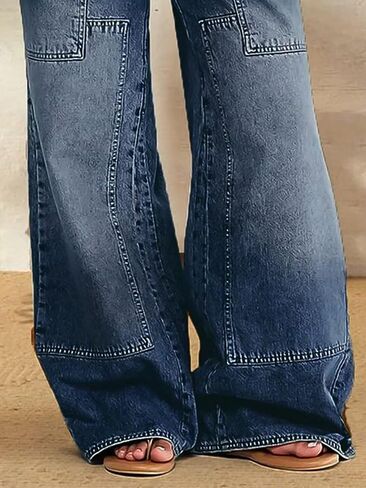 Flamingals Wide Leg Jeans for Women Drawsting Mid Waist Baggy Jeans Belted Wash Stitch Detai Trouser Jeans in Saudi Arabia