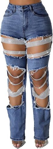NRTHYE Womens High Waist Ripped Jeans Sexy Pearl Chains Rhinestones Straight Leg Stretch Distressed Denim Pants in Saudi Arabia