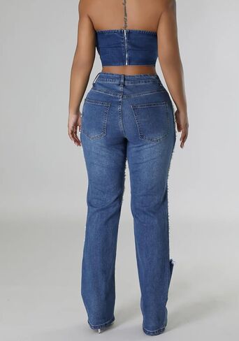 NRTHYE Womens High Waist Ripped Jeans Sexy Pearl Chains Rhinestones Straight Leg Stretch Distressed Denim Pants in Saudi Arabia