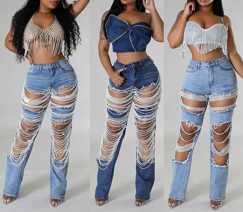 NRTHYE Womens High Waist Ripped Jeans Sexy Pearl Chains Rhinestones Straight Leg Stretch Distressed Denim Pants in Saudi Arabia
