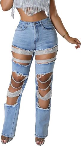 NRTHYE Womens High Waist Ripped Jeans Sexy Pearl Chains Rhinestones Straight Leg Stretch Distressed Denim Pants in Saudi Arabia